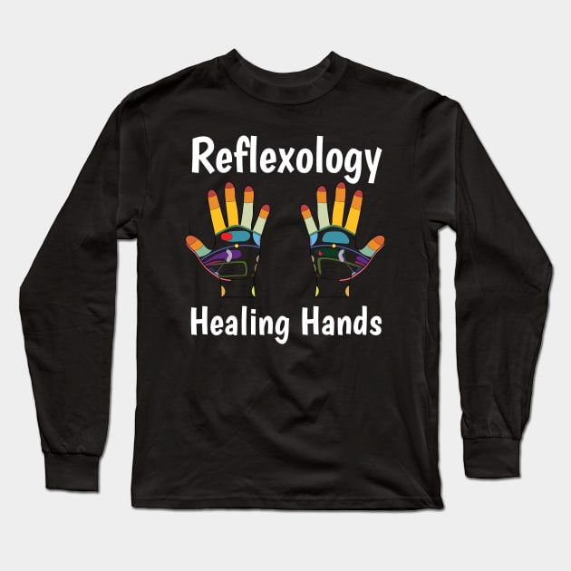 Reflexology Healing Hands (white text) (hand map) Long Sleeve T-Shirt by Balanceandharmonyforreflexologists